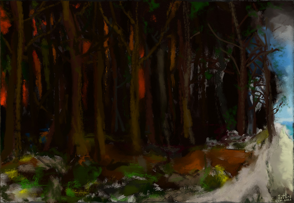 from a remembered dream of the exploration walk along surreal seaside places --1 surreal dark woods (6 Apr 2025).jpg